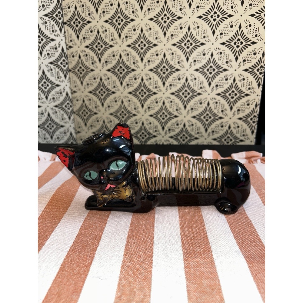 Vintage Black Cat Ceramic Letter Bill Holder Spring Pen/Pencil MCM